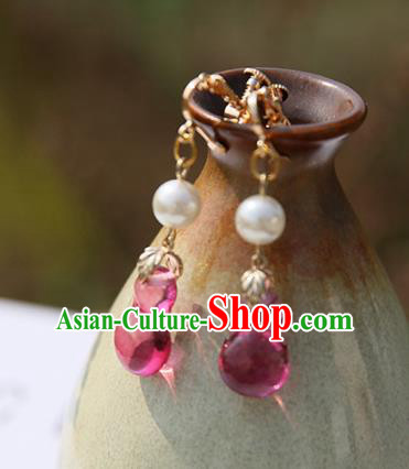 Chinese Handmade Ancient Jewelry Accessories Rosy Beads Eardrop Hanfu Earrings for Women