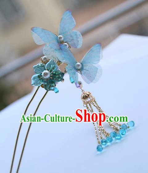 Chinese Ancient Hanfu Handmade Blue Butterfly Hairpins Hair Stick Hair Accessories for Women