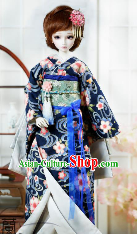 Traditional Asian Japan Costume Japanese Iromuji Kimono Deep Blue Vibration Sleeve Kimono Clothing for Women