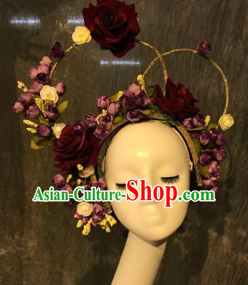 Top Grade Handmade Hair Accessories Red Rose Hair Crown Halloween Stage Performance Catwalks Headwear for Women