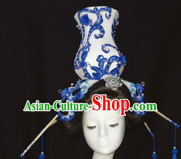 Top Grade China Style Handmade Hair Accessories Halloween Stage Performance Blue and White Porcelain Headwear for Women