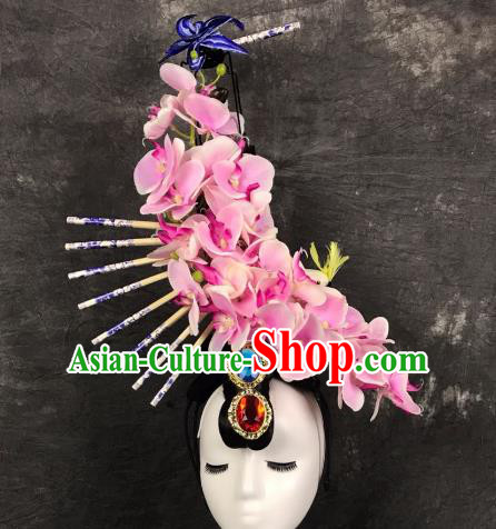 Top Grade China Ancient Pink Flowers Hair Accessories Palace Hair Crown Stage Performance Headdress for Women