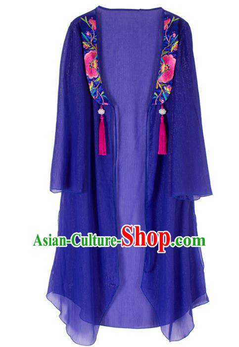 Traditional China National Costume Chinese Tang Suit Embroidered Blue Cardigan for Women