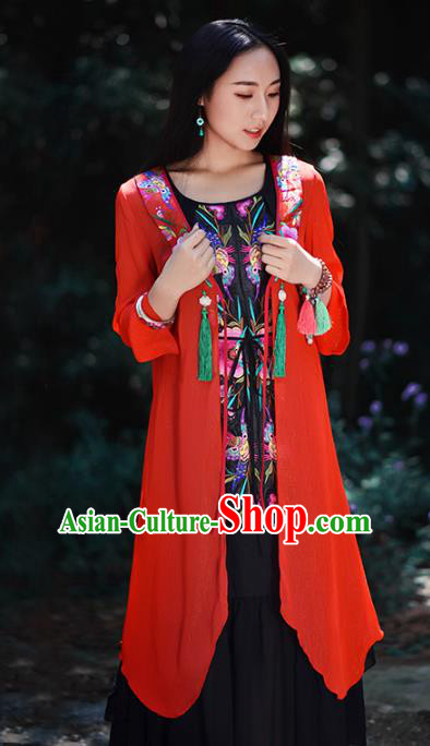 Traditional China National Costume Chinese Tang Suit Embroidered Red Cardigan for Women
