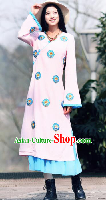 Traditional China National Costume Pink Dress Chinese Embroidered Qipao for Women
