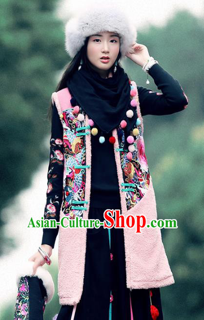 Traditional China National Costume Tang Suit Pink Vests Chinese Embroidered Peony Waistcoat for Women