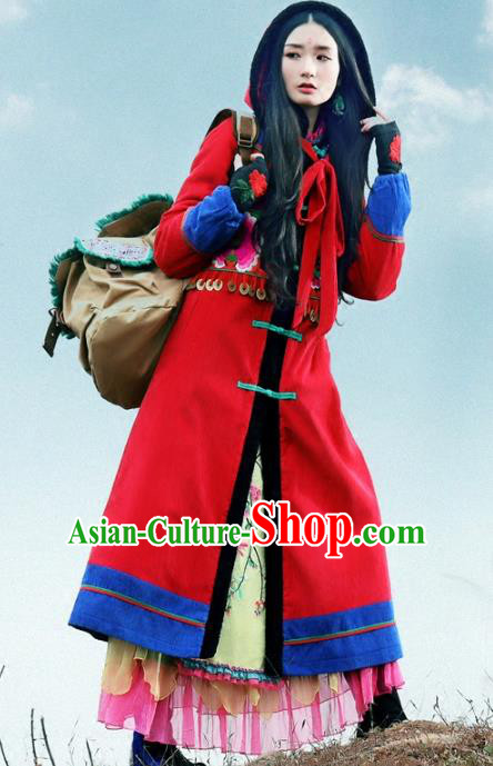 Traditional China National Costume Chinese Tang Suit Embroidered Red Dust Coats for Women