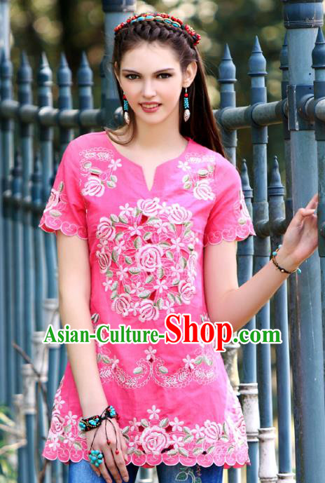Traditional China National Costume Tang Suit Blouse Chinese Embroidered Rosy Shirts for Women
