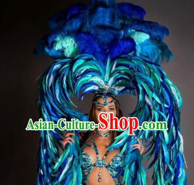 Top Grade Brazilian Carnival Costumes Halloween Feather Accessories Blue Feather Headdresses Miami Stage Performance Feathers Wings for Women