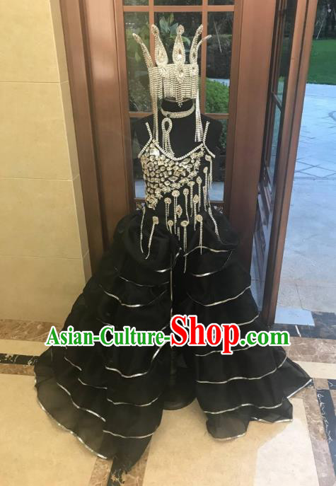 Top Grade Children Stage Performance Costume Catwalks Queen Black Full Dress and Headwear for Kids