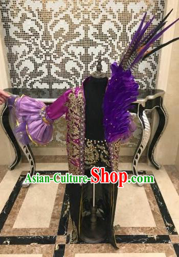 Top Grade Children Stage Performance Costume Catwalks Feather Purple Clothing for Kids