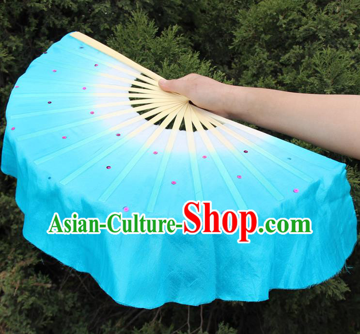 Top Grade Chinese Folk Dance Folding Fans Dance Fans Yangko Blue Silk Fans for Women