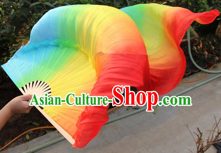 Chinese Handmade Folk Dance Folding Fans Yangko Dance Colorful Silk Ribbon Fan for Women