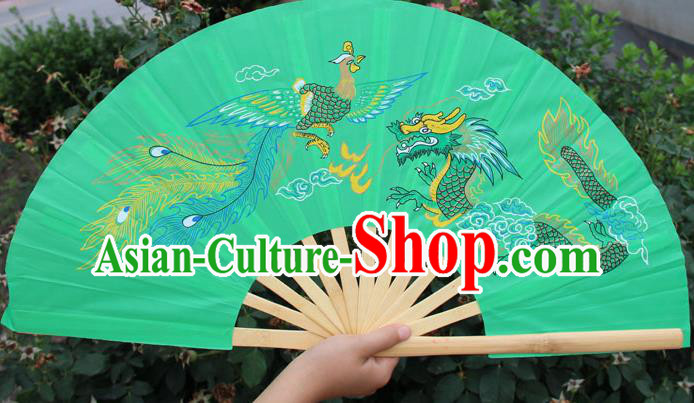Chinese Handmade Folk Dance Folding Fans Yangko Dance Printing Dragon and Phoenix Tai Chi Green Fan for Women