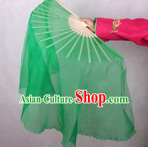 Chinese Handmade Folk Dance Green Ribbon Folding Fans Yangko Dance Classical Fans for Women