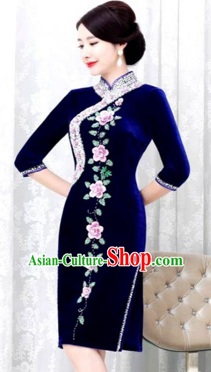 Chinese Traditional Elegant Seven Sleeves Cheongsam Embroidery Royalblue Velvet Qipao Dress National Costume for Women