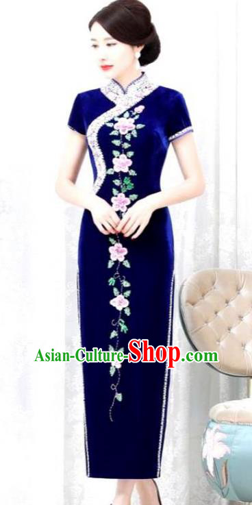 Chinese Traditional Elegant Royalblue Velvet Cheongsam Embroidery Qipao Dress National Costume for Women