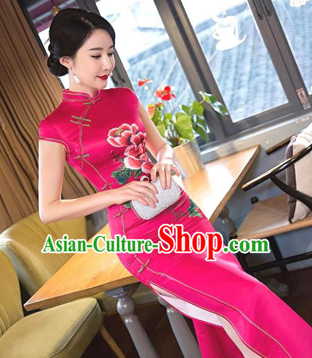 Chinese Traditional Elegant Printing Peony Rosy Silk Cheongsam National Costume Qipao Dress for Women