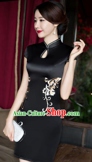Chinese Traditional Elegant Black Silk Cheongsam National Costume Short Qipao Dress for Women