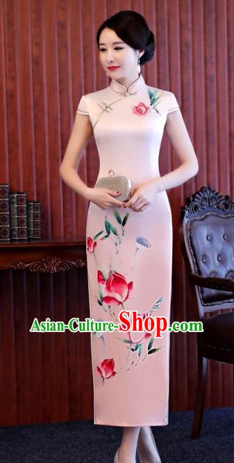 Chinese Traditional Printing Lotus Elegant Pink Cheongsam National Costume Silk Qipao Dress for Women