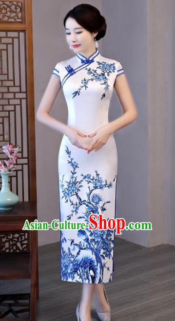 Chinese Traditional Printing White Elegant Cheongsam National Costume Silk Qipao Dress for Women