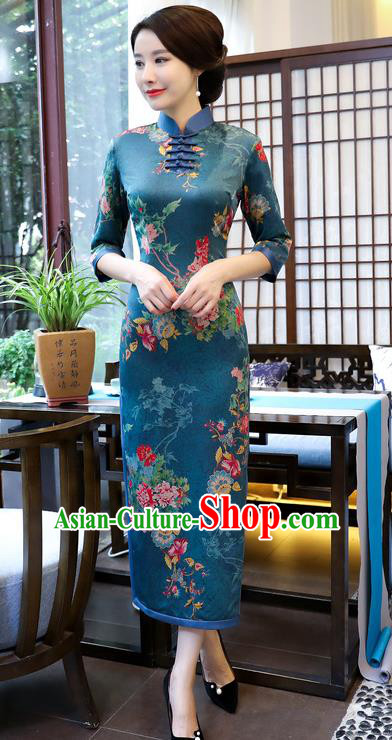 Chinese Traditional Elegant Blue Cheongsam National Costume Watered Gauze Qipao Dress for Women