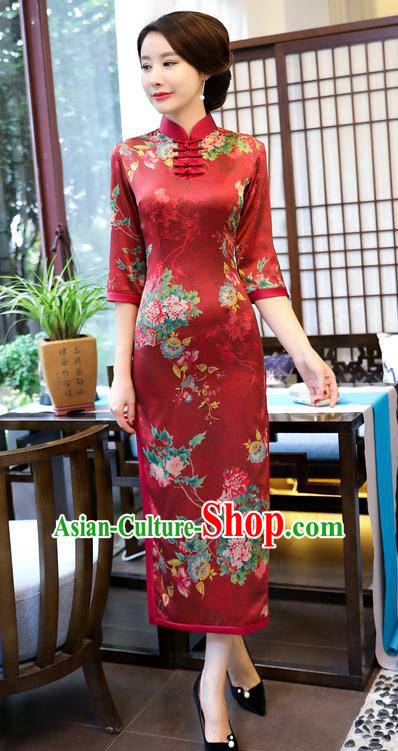 Chinese Traditional Elegant Wedding Cheongsam National Costume Watered Gauze Red Qipao Dress for Women