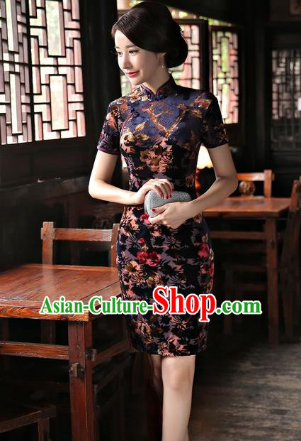Chinese Traditional Elegant Velvet Cheongsam National Costume Short Qipao Dress for Women