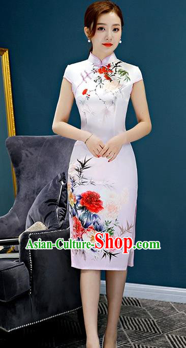 Chinese Traditional Elegant Retro Cheongsam National Costume Printing Peony Qipao Dress for Women