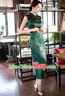Chinese Traditional Elegant Retro Green Cheongsam National Costume Printing Qipao Dress for Women