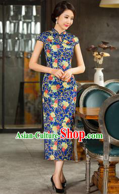Chinese Traditional Elegant Retro Blue Cheongsam National Costume Printing Qipao Dress for Women