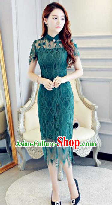 Chinese Traditional Elegant Peacock Green Lace Cheongsam National Costume Qipao Dress for Women