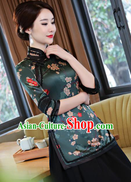 Chinese Traditional Elegant Cheongsam Green Silk Blouse National Costume Tang Suit Qipao Shirts for Women