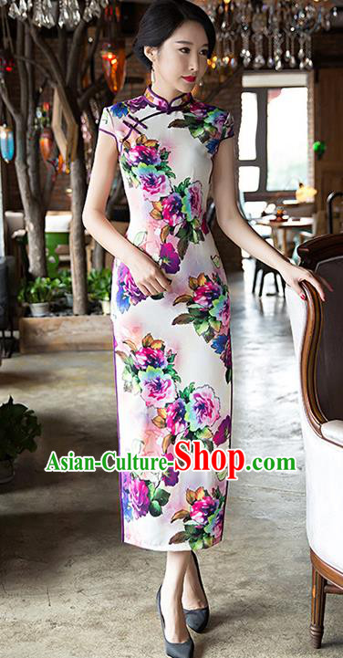 Chinese Traditional Elegant Silk Cheongsam National Costume Printing Flowers Qipao Dress for Women