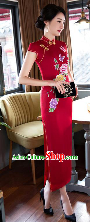 Chinese Traditional Elegant Red Silk Cheongsam National Costume Retro Printing Peony Butterfly Qipao Dress for Women