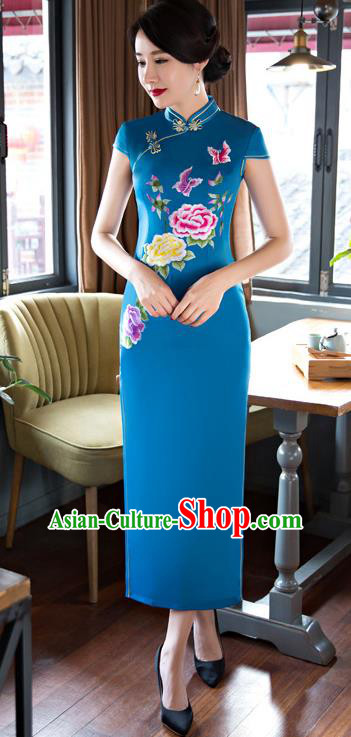 Chinese Traditional Elegant Blue Silk Cheongsam National Costume Retro Printing Peony Butterfly Qipao Dress for Women