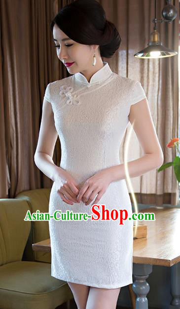 Chinese Traditional Elegant White Short Cheongsam National Costume Retro Qipao Dress for Women