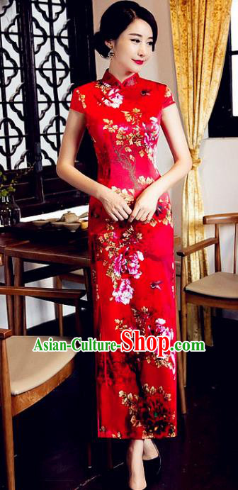 Top Grade Chinese National Costume Elegant Printing Peony Brocade Cheongsam Tang Suit Qipao Dress for Women