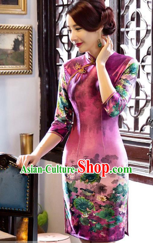 Top Grade Chinese National Costume Elegant Slim Cheongsam Tang Suit Printing Purple Qipao Dress for Women