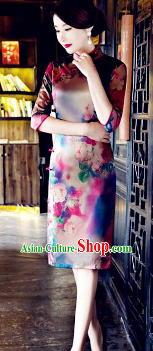 Top Grade Chinese National Costume Tang Suit Short Qipao Dress Elegant Printing Cheongsam for Women