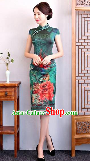 Chinese Traditional Elegant Cheongsam Top Grade Green Silk Full Dress National Costume Retro Printing Qipao for Women