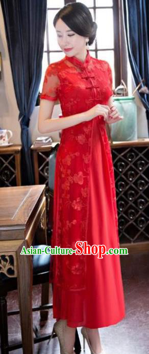 Chinese Traditional National Costume Elegant Embroidered Red Lace Cheongsam Qipao Dress for Women