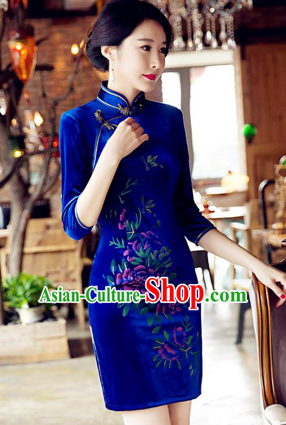 Top Grade Chinese National Costume Elegant Blue Velvet Cheongsam Tang Suit Qipao Dress for Women