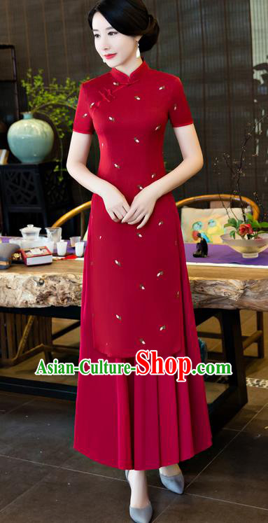 Top Grade Chinese National Costume Elegant Cheongsam Tang Suit Red Qipao Dress for Women