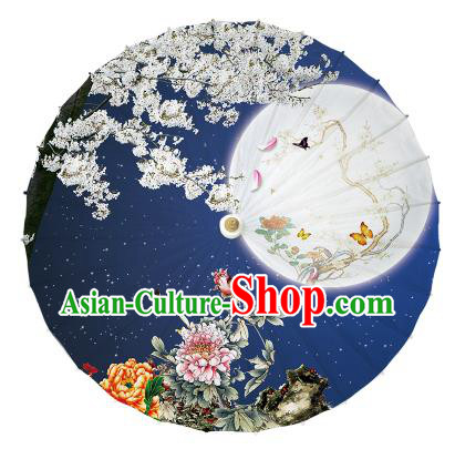 Chinese Handmade Painting Moon Peony Paper Umbrella Folk Dance Blue Oil-paper Umbrella Yangko Umbrella
