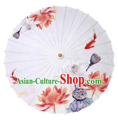 Chinese Handmade Paper Umbrella Folk Dance Hand Printing Lotus White Oil-paper Umbrella Yangko Umbrella