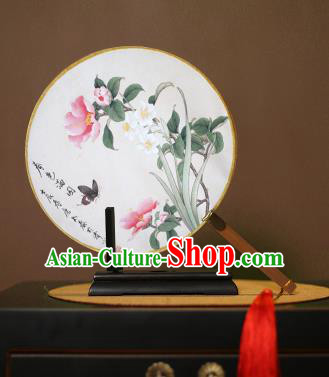 Chinese Traditional Circular Fans Handmade Printing Butterfly Flowers Round Fan China Ancient Palace Dance Fans