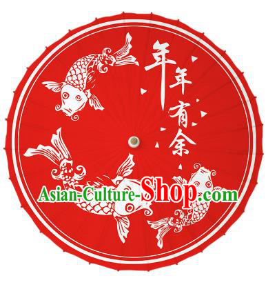 Chinese Traditional Artware Printing Fishes Umbrella Classical Dance Red Oil-paper Umbrella Handmade Umbrella