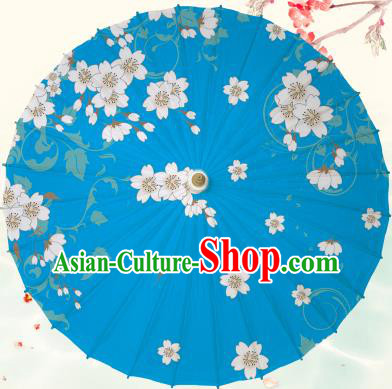 Chinese Traditional Artware Light Blue Paper Umbrella Classical Dance Printing Peach Blossom Oil-paper Umbrella Handmade Umbrella