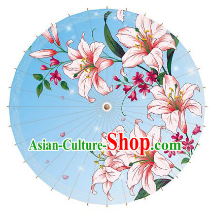 Chinese Traditional Artware Paper Umbrella Printing Greenish Lily Flower Blue Oil-paper Umbrella Handmade Umbrella